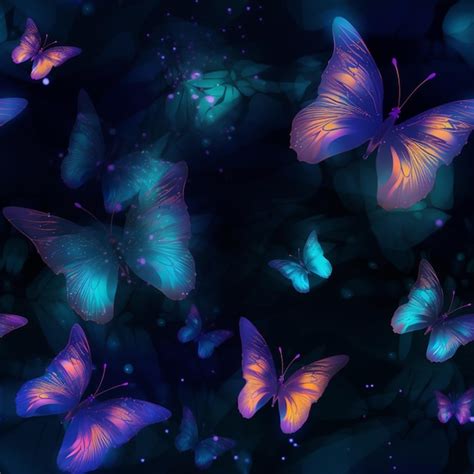 Mariposas Volando En El Cielo Nocturno Con Colores Azules Y P Rpuras