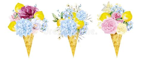 Watercolor Ice Cream In Waffle Cone With Roses Flowers Lemon And Wildflowers Stock Image