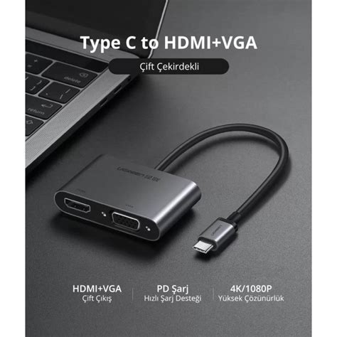 Ugreen Type C Hdmi Vga Dönüştürücü Adaptör