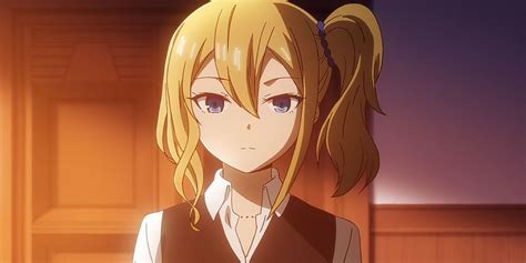 An Anime Character With Blonde Hair And Blue Eyes Wearing A Black Vest Standing In Front Of A Door