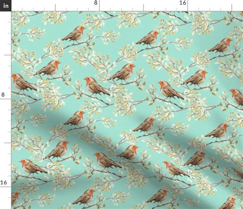 Vintage Painted Robin Branches Fabric Spoonflower