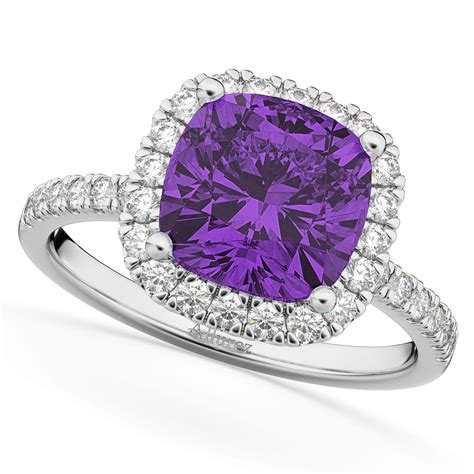 Cushion Cut Halo Amethyst And Diamond Engagement Ring 14k White Gold 311ct Ad4362