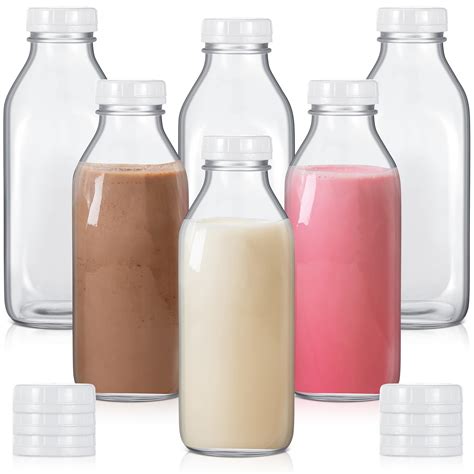 Peryiter 6 Pcs Glass Milk Bottle With Lid Reusable Clear Milk Jar With Lids For Fridge Glass