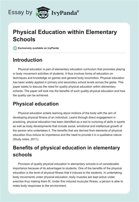 Physical Education Within Elementary Schools 1668 Words Critical Writing Example