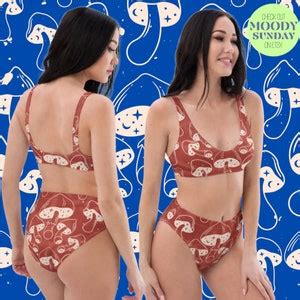 Forest Mushroom Recycled High Waisted Bikini Swimsuit Fungi Swimming Costume Alt Bikini