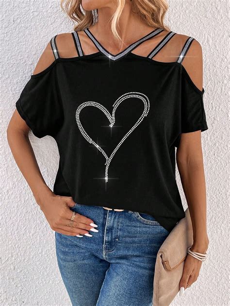 Shein Clasi Summer Black Hollow Shoulder Heart Patterned Music Festival