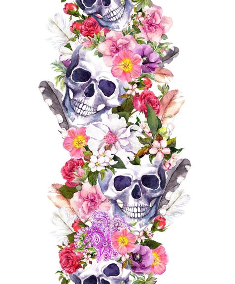 Human Skulls With Rose Flowers Branches Seamless Border Frame For