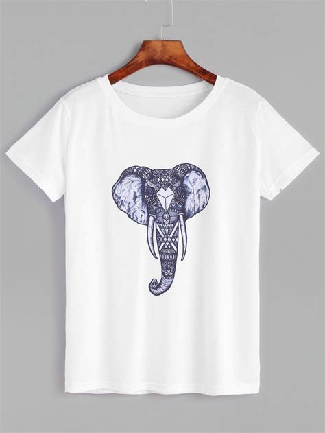 Shop White Elephant Print Short Sleeve T Shirt Online Shein Offers