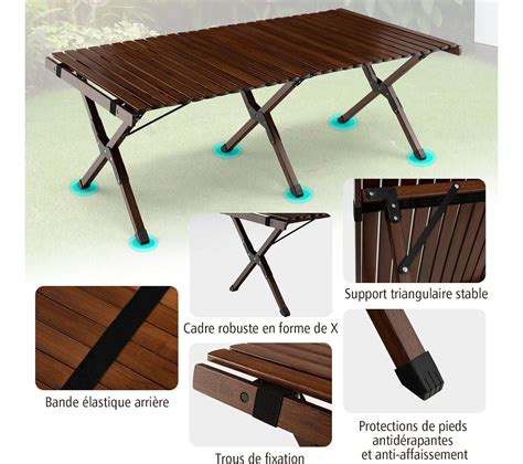 Table De Camping Pliante En Bambou Latte Enroulable Charge Max Kg