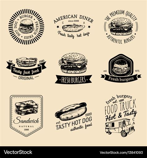 Vintage fast food logo set retro quick Royalty Free Vector