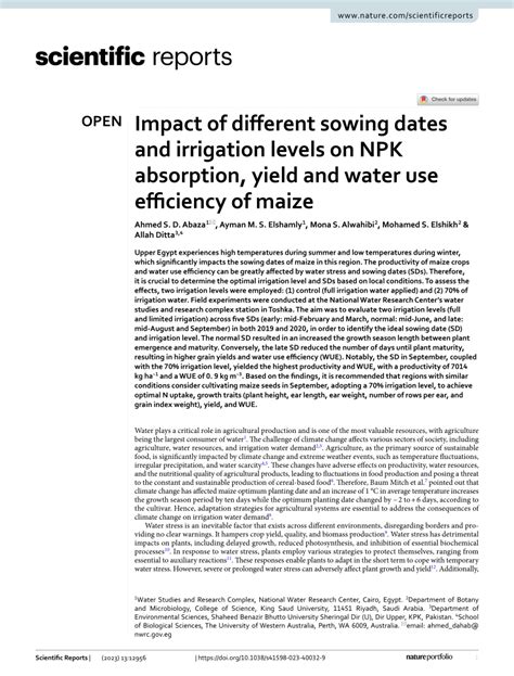 Pdf Impact Of Different Sowing Dates And Irrigation Levels On Npk