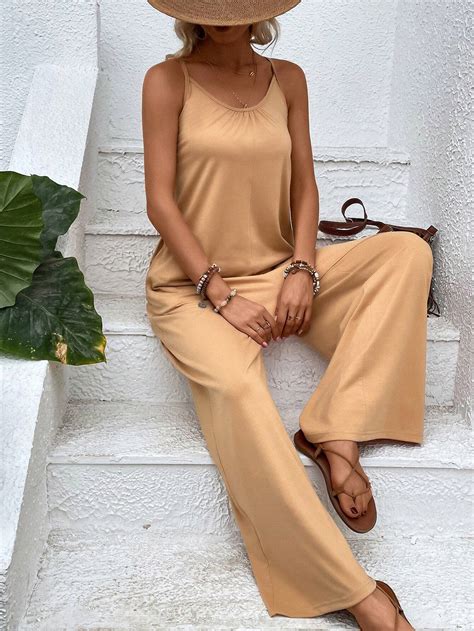 SHEIN LUNE Solid Hidden Pocket Wide Leg Cami Jumpsuit SHEIN USA