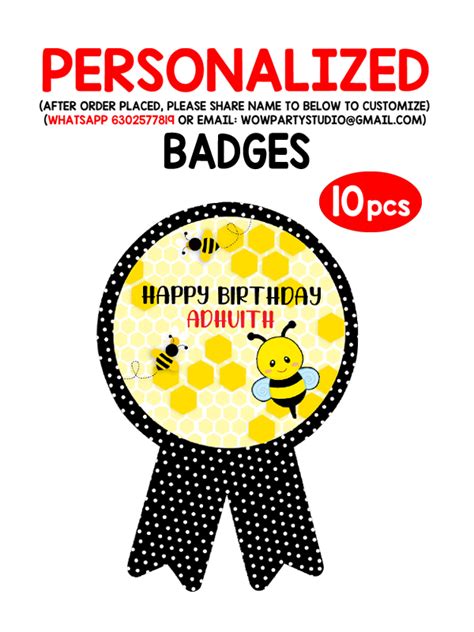 Personalized Honey Bee Theme Happy Birthday Badges 10 Pcs