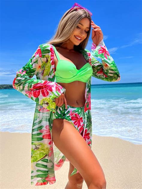 Shein Swim Vcay Tropical Print Push Up Bikini Swimsuit With Kimono