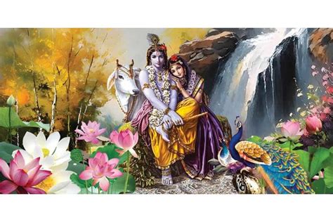 Romantic Radha Krishna Love Painting With Cow And Waterfall