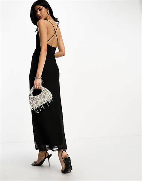 Asos Design Mesh Square Neck Strappy Maxi Dress In Black Asos