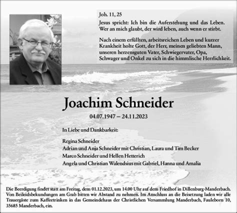 Traueranzeigen Von Joachim Schneider Vrm Trauer De