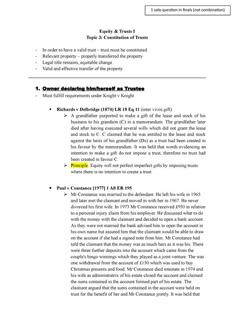 Topic 3 Constitution Of Trusts Equity Trusts I Topic 3