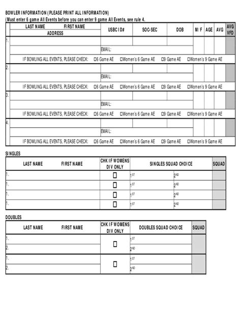 Fillable Online Team Event List Bowlers In Correct Bowling Order Fax