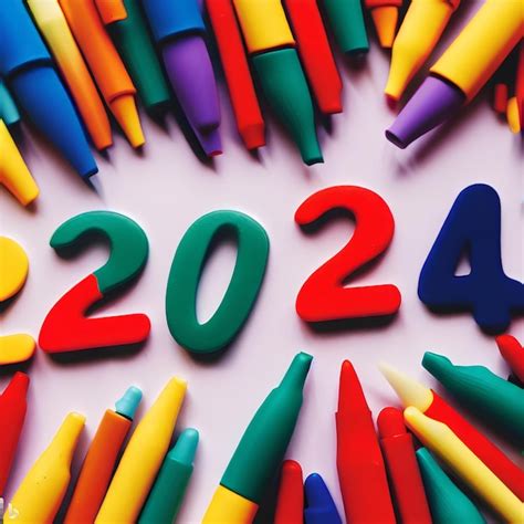 Feliz año nuevo 2024 escrito con lápices de colores y números coloridos