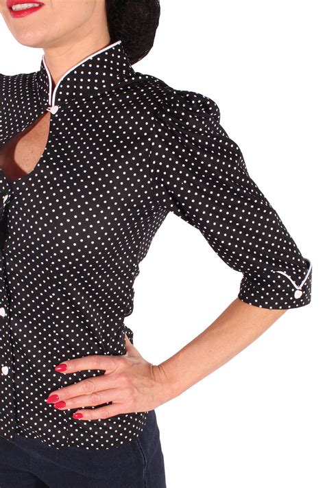 Cute Asia Polka Dots Rockabilly Puff Rmel Stehkragen Bluse Shirt