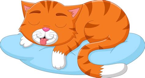 Dessin Anim Mignon Chat Dormant Sur Un Oreiller Vecteur Premium