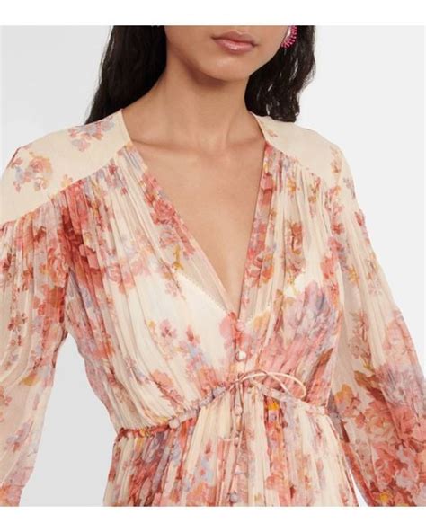 Zimmermann Devi Gathered Floral Print Silk Chiffon Midi Dress In Pink