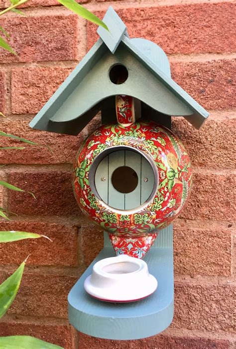 William Morris Teal Teapot Bird House And Feeder Red Strawberry Thief