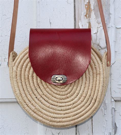 Boho Round Raffia Bag Boho Straw Purseleather Bag Handwoven Etsy