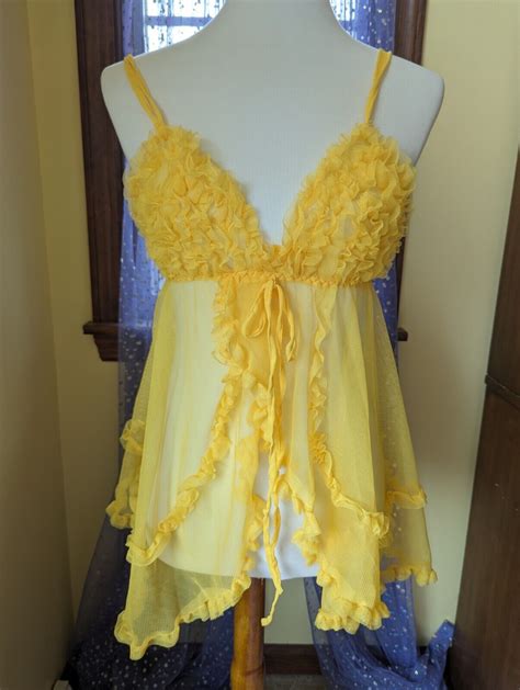 Vintage Y K Yellow Ruffles Mesh Babydoll Cami Lingerie Top Size Small