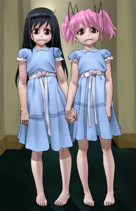 Safebooru 2girls Age Regression Akemi Homura Barefoot Black Hair Blue Dress Creepy Dress Empty