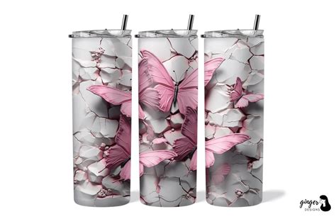 3d Butterfly Pink 20oz Skinny Tumbler Graphic By Gingerdesign