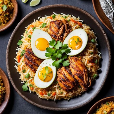 Vibrant Chicken Biryani With Spiced Rice And Colorful Garnishes On A