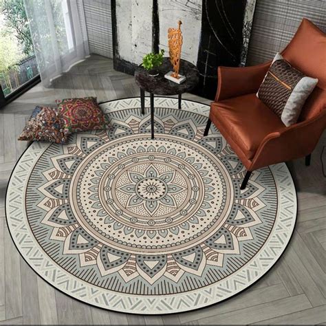 Gray Mandala Flower Carpet Round Bohemian Rug Simple Ethinic Style