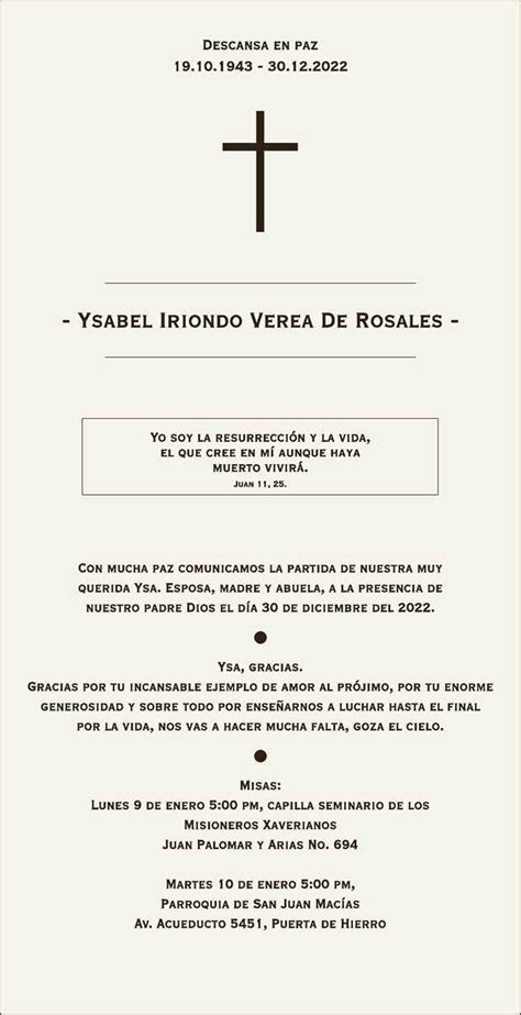 Ysabel Iriondo Verea De Rosales Obituario Esquela