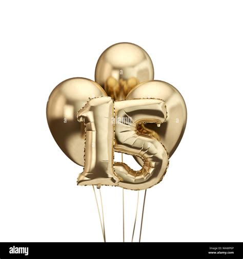 15th birthday gold foil bunch of balloons. Happy birthday. 3D Rendering ...