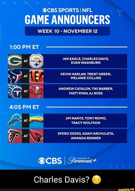 Cbs Sports I Nfl Game Announcers Week 10 November 12 Pm Et Ian Eagle Charles Davis Evan