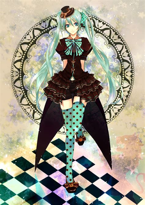 Safebooru Aqua Eyes Aqua Hair Arms Behind Back Blue Legwear Bowtie Checkered Checkered Floor