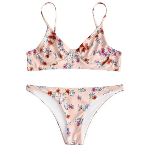 Zaful Women Swimwear Floral Unlined Underwire Bikini Set Spaghetti