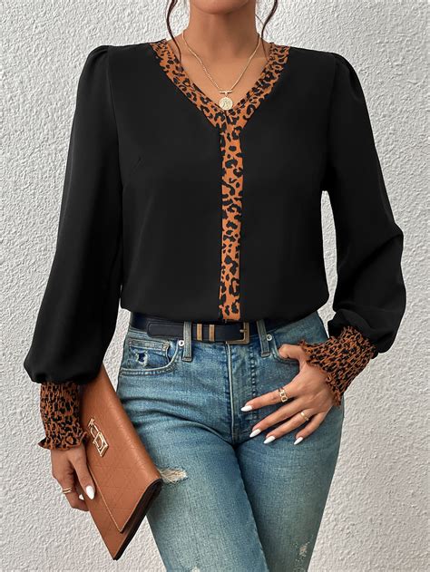 SHEIN Privé Leopard Print Lantern Sleeve Blouse SHEIN USA