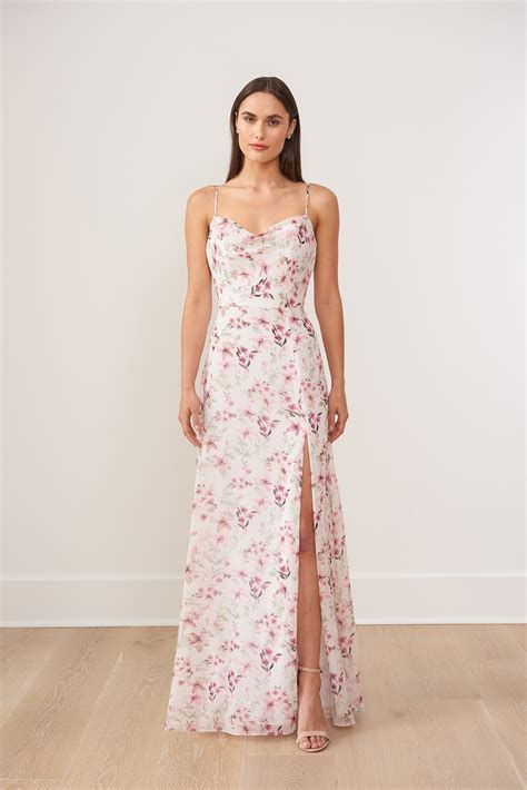 B Magical Jasmine Garden Printed Chiffon A Line Gown With Cowl