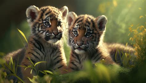 Two Little Tiger Cubs in the Forest. 3D Illustration Stock Illustration ...