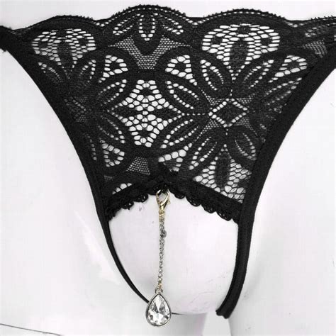 Mens Lingerie Rhinestone Pendant Floral Lace G String Sexy Low Rise Crotchless Thongs Sissy Male