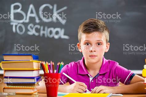 Cute School Boy Studying In Classroom Stock Photo Download Image Now