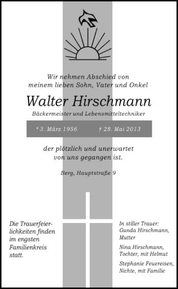 Traueranzeigen Von Berg Walter Hirschmann Mittelbayerische Trauer