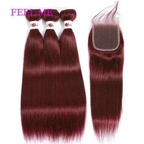 Feelme 99j Burgundy Human Hair Bundles With Closure 4x4 Red Wine