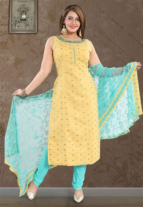 Light Yellow Brocade Readymade Churidar Salwar Kameez 177638 Churidar