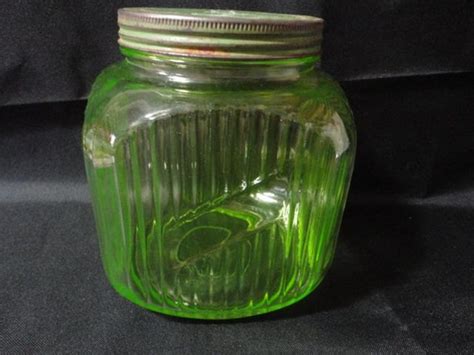 Items Similar To Antique Green Glass Depression Ribbed Cookie Jar Hoosier On Etsy