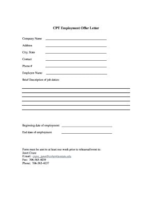 Fillable Online Cpt Employment Offer Letter Columbus State Fax Email