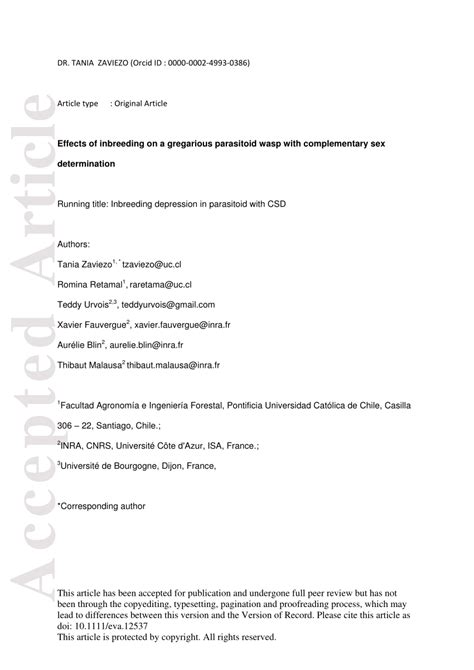 PDF Effects Of Inbreeding On A Gregarious Parasitoid Wasp With Complementary Sex Determination